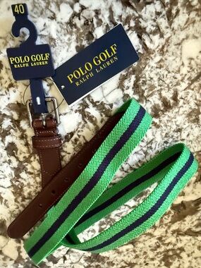 Polo Golf Ralph Lauren Men’s Belt Size 40 Green Navy Woven Stretch Leather Trim